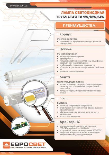 Лампа EVROLIGHT L-1500 6400K 24Вт G13 T8 трубчаста LED 1286 фото