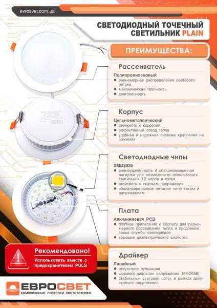 Світильник точковий врізний EVROLIGHT 18Вт коло PLAIN-18R 6400К 1039 фото